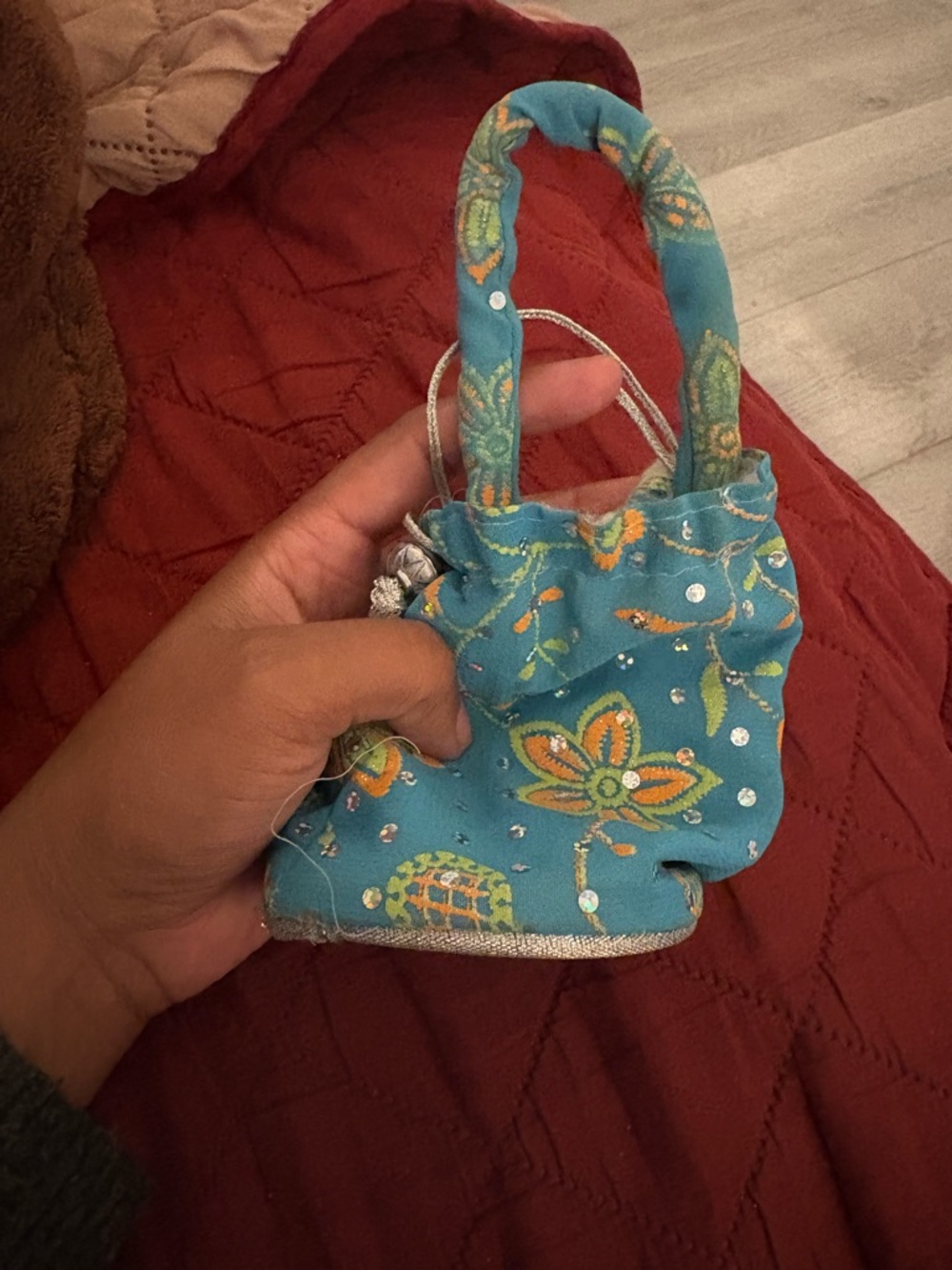 Embellished Turquoise Floral Drawstring Handbag